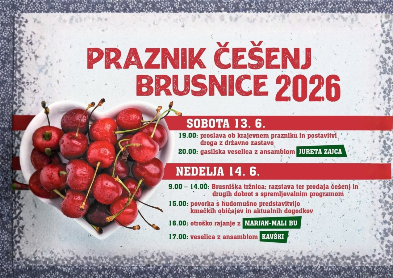 Na fotografiji je plakat s programom in vabilo na tradicionalni Praznik češenj v Brusnicah.
