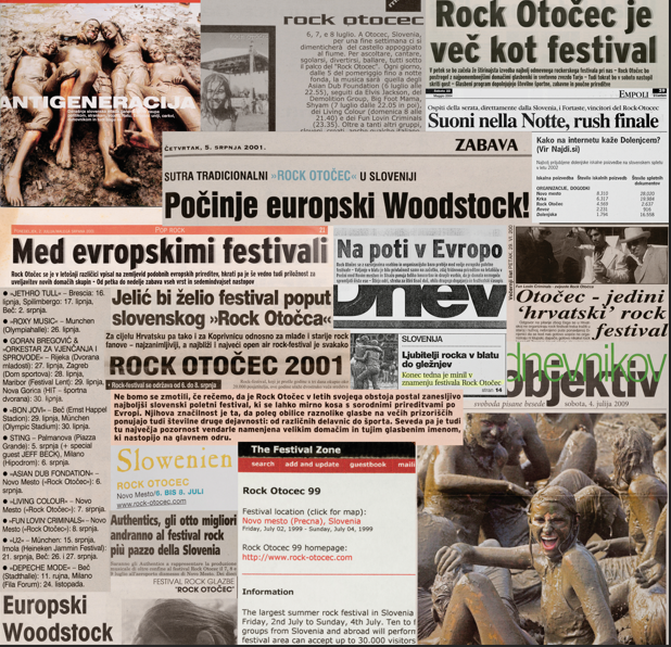 Kolaž naslovnic in člankov iz različnih medijev, ki so poročali o dogodku Rock Otočec. 