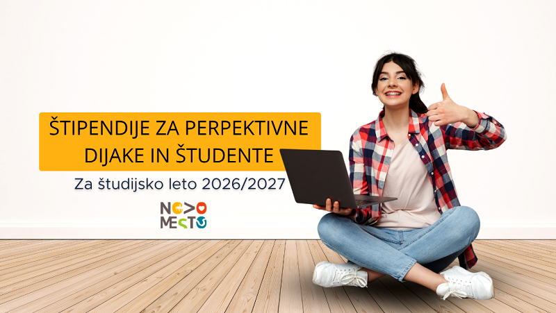 Na fotografiji je  plakat s promocijo razpisa za štipendije, na katerem je nasmejana študentka Perspektivni dijaki in študenti lahko pridobijo štipendijo občine