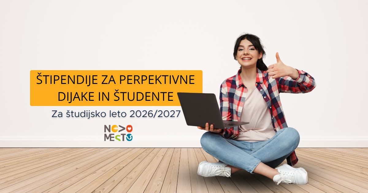 Na fotografiji je  plakat s promocijo razpisa za štipendije, na katerem je nasmejana študentka Perspektivni dijaki in študenti lahko pridobijo štipendijo občine